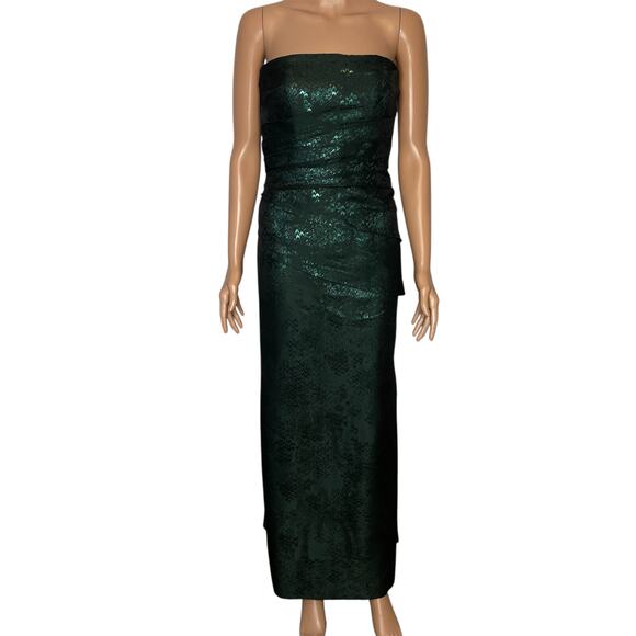 Theia Metallic Emerald Green Jacquard Strapless Ruched Evening Gown Size 10 - Picture 2 of 11